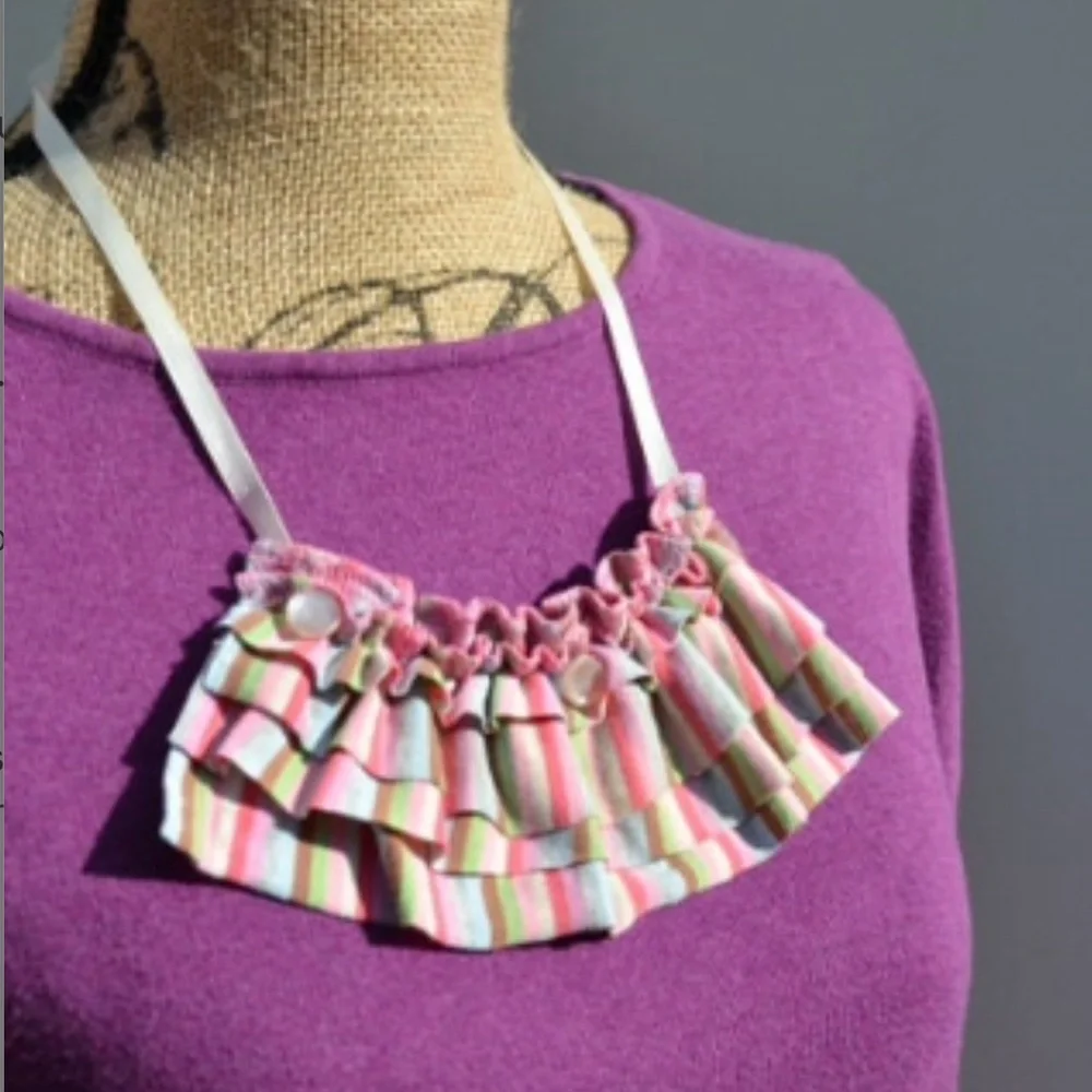 Handmade ruffle fabric necklace multicolored striped & vintage pearlized buttons